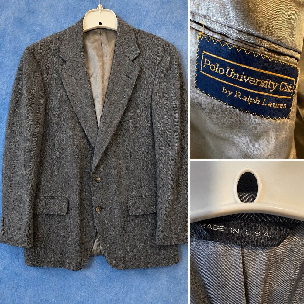 Vintage Polo University Club Ralph Lauren 40R Herringbone Tweed Blazer Made USA